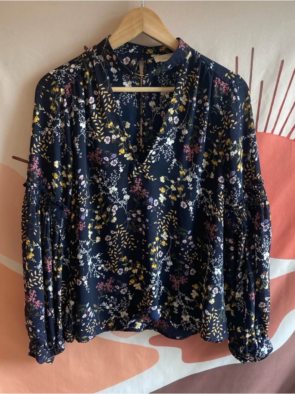 Lush Top Womens Medium Navy Chiffon Button Back Open Blouse V-Neck Sleeves